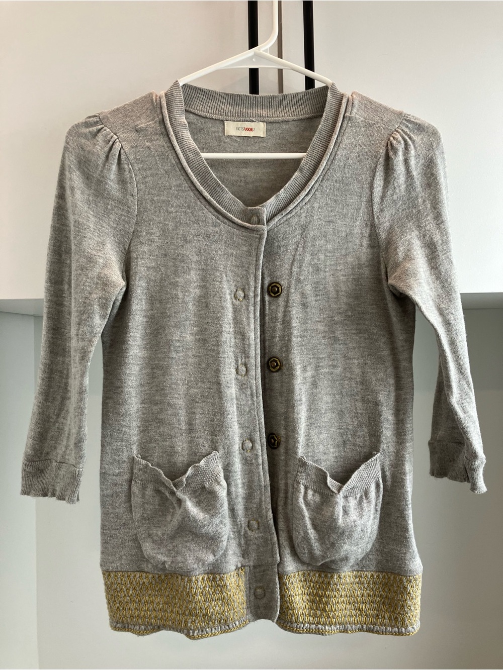 Snap Front Gray Cardigan with Yellow Accent Embroidery by Fiets Voor 2